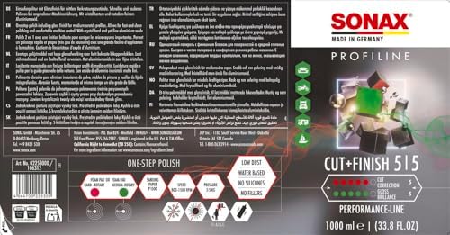SONAX Cut & Finish 225300 | High Performing Polish/Compound | Rated 5 Cut & 5 Gloss | Removes Paint Defects, P1500 Sanding Marks & Water Spots | Long Work Time & Easy Wipe-Off | Silicone-Free | 1000ml