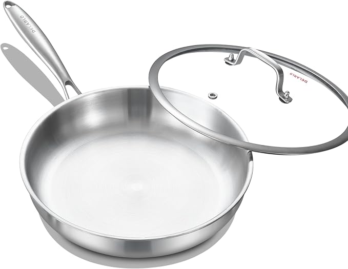 DELARLO Tri-ply Stainless Steel Frying Pan with Lid 8 Inch | Compatible with All Cooktops Up to 600℉, Heavy Duty, Fast & Even Heat, 18/10 Stainless Steel