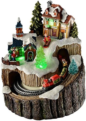 Pre-Lit LED Christmas Village on a Tree Stump with a Rotating Train, 20 cm - Multi-Colour