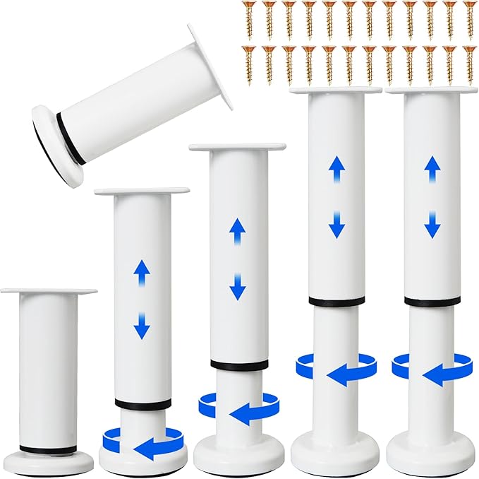 6 PCS Adjustable Furniture Couch Cabinet Legs 4.72-7.48 Inch, Heavy Duty Adjustable Height Replacement Legs for Dresser/Sofa/Bed/Chair, Legs for Furniture Set of 6 (White)