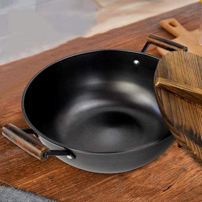 Picnic Bag Frying Pa nonstick Skillet pan Stone Ground Thicken Stainless Steel Pot with Big Spruce Top Wok,34cm