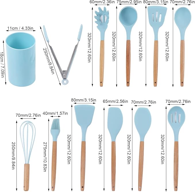 12PCS Kitchen Utensil Set, Non Stick Cooking Utensils with Wooden Handle, Silicone Kitchenware for Cooking Baking and Frying, Includes 12 Essential Tools for Home Restaurant and Pa