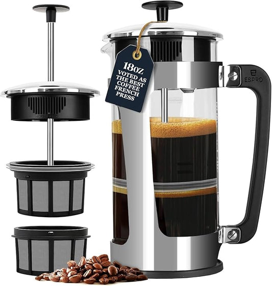 ESPRO Plus P5 French Press Coffee Maker – Patented Double Micro-Filter for Grit Free Brew, Heat-Resistant Thicker Borosilicate Glass Coffee Press – (18 oz)