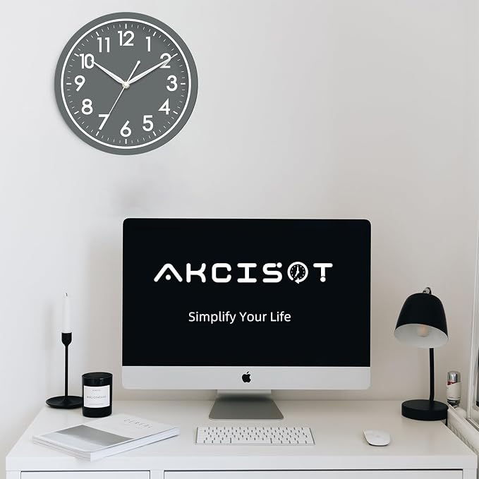 AKCISOT 10 Inch Wall Clock, Battery Operated Analog Clock, Silent Non-Ticking, Ideal for Bedroom, Bathroom, Kitchen, Office and School, Gray