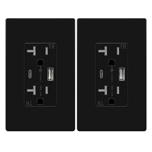 TOPGREENER 2-Port USB Outlet, Type C USB Wall Outlet, 20 Amp TR Receptacle Plug, Charging Power Outlet with USB Ports, Wall Plate Included, TU22036AC-BK-2PCS, Black, 2 Pack