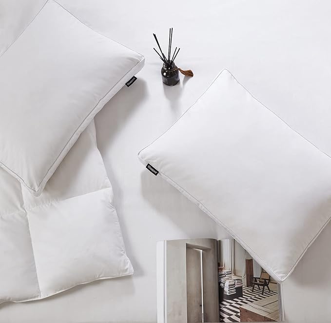 Beautyrest White Feather Down Fiber Pillows Set of 2 Pack with 2" Gusset Support Pillows,Hotel Collection 100% Cotton Hypoallergenic Medium Firm Bed Pillows for Side Sleeper