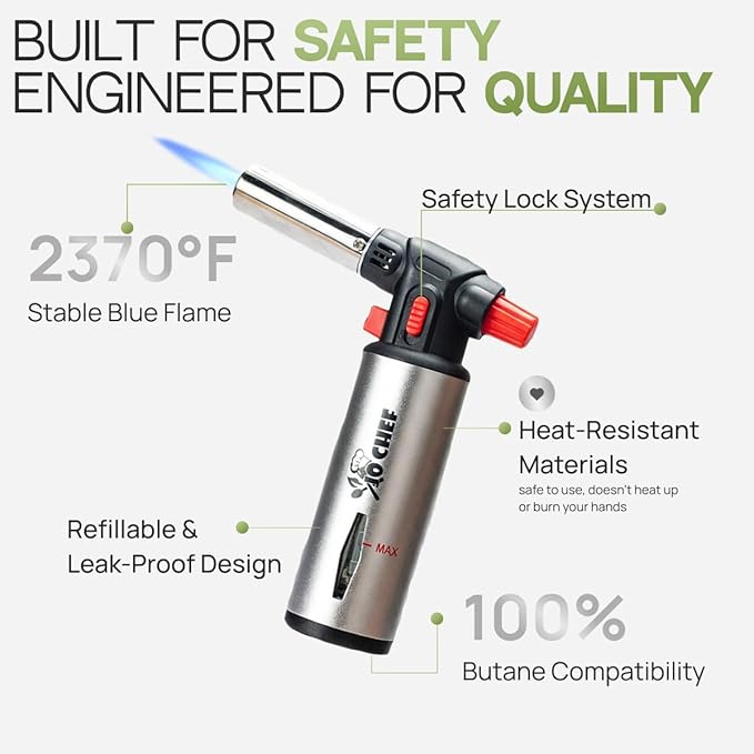 Jo Chef Kitchen Torch with Butane Included – Refillable Lighter with Safety Lock & Adjustable Flame, Blow Culinary Torch for Cooking, BBQ, Creme Brulee, DIY and Soldering - 5 Cans (3.38oz) Included