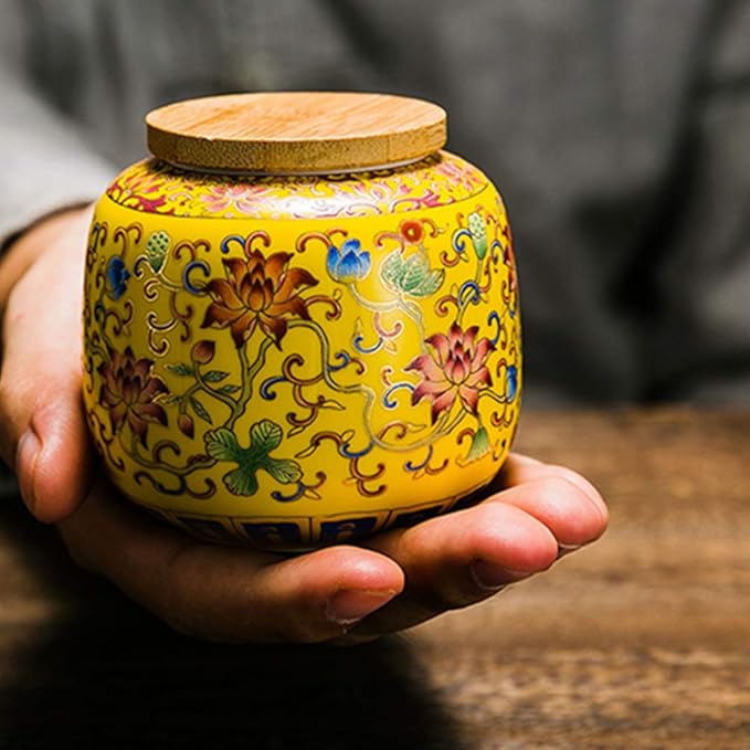 Cabilock Ceramic Tea Canister with Airtight Wood Lid Vintage Chinese Style Tea Storage Jars Traditional Tea Tins Cans Tea 230ML for Kitchen Spice Tea Coffee Condiment Yellow