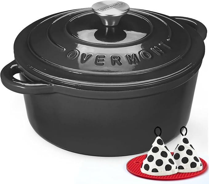 Overmont Enameled Cast Iron Dutch Oven - 4.5QT Pot with Lid Cookbook & Cotton Potholders - Heavy-Duty Cookware for Braising, Stews, Roasting, Bread Baking GraphiteGray
