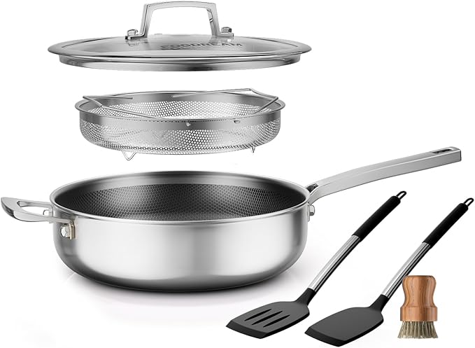 FogDream Titanium Non Stick Frying Pan, 10in Tri-Ply Stainless Steel Deep Saute Pan, All-in-One Cookware Set(Spatulas&Steamer), Stay Cool Handle, Dishwasher & Oven-Safe,Induction Compatible,Silver