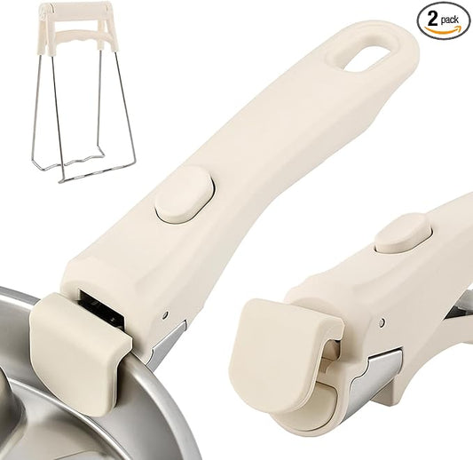 Removable Pot Handle with Anti-Hot Bowl Dish Clip, Universal Detachable Pan Handles Replacement fits Most Vertical Edge Cookware, Avoid Scalding Kitchenware Set (COLOR:Cream White)