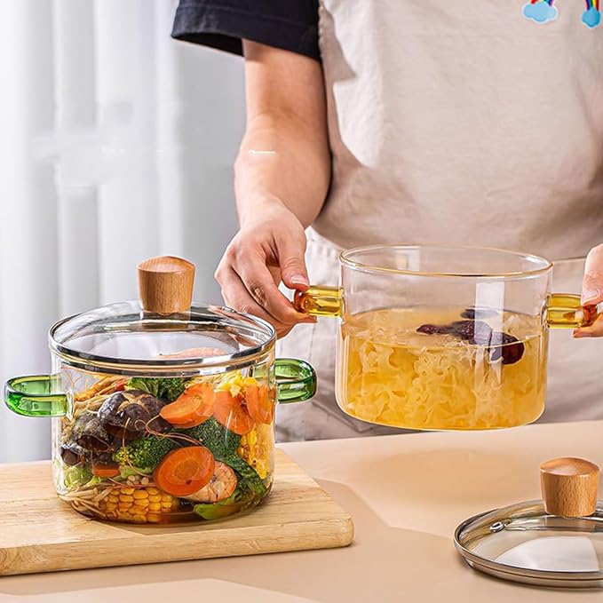 Glass Cooking Pot with Cover, Heat Resistant Glass Saucepan Cooking Pot and Pan with Lid, Glass Cookware Set Cooktop Safe for Pasta Noodle, Soup, Milk, Baby Food (Yellow wooden bead lid- 1700ml)