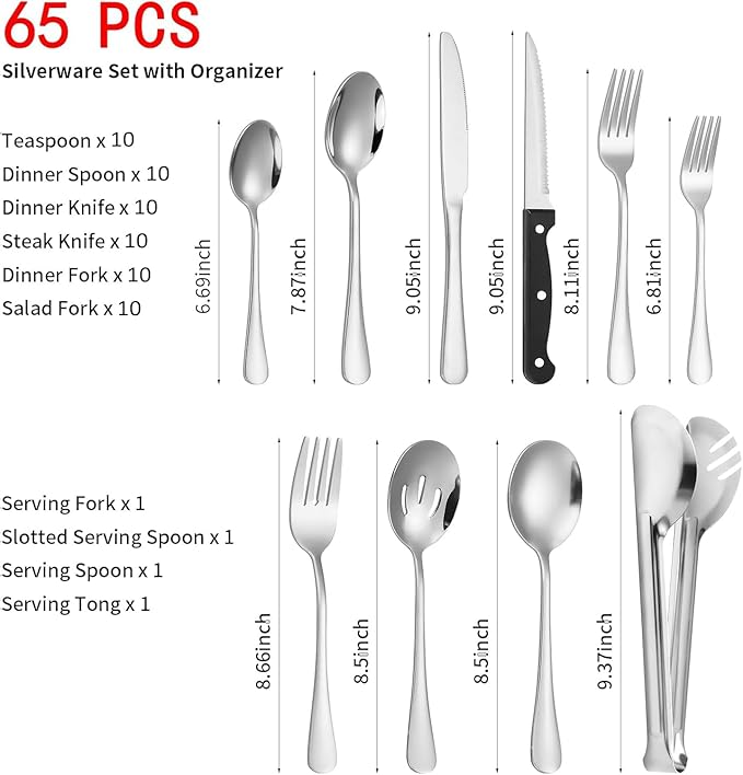 65PCS Silverware Set for 10 with Flatware Drawer Organizer, Stainless Steel Cutlery Set with Steak Knives, Include Spoons and Forks Set & Serving Utensils, Mirror Polished, Dishwasher Safe
