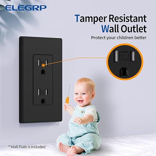 ELEGRP Matte Black Tamper Resistant Decorator Wall Receptacle Outlet, 15A 125V Electrical Outlet, Residential Grade, Self-grounding, Screwless Wall Plate Included, UL Listed, 50 Pack