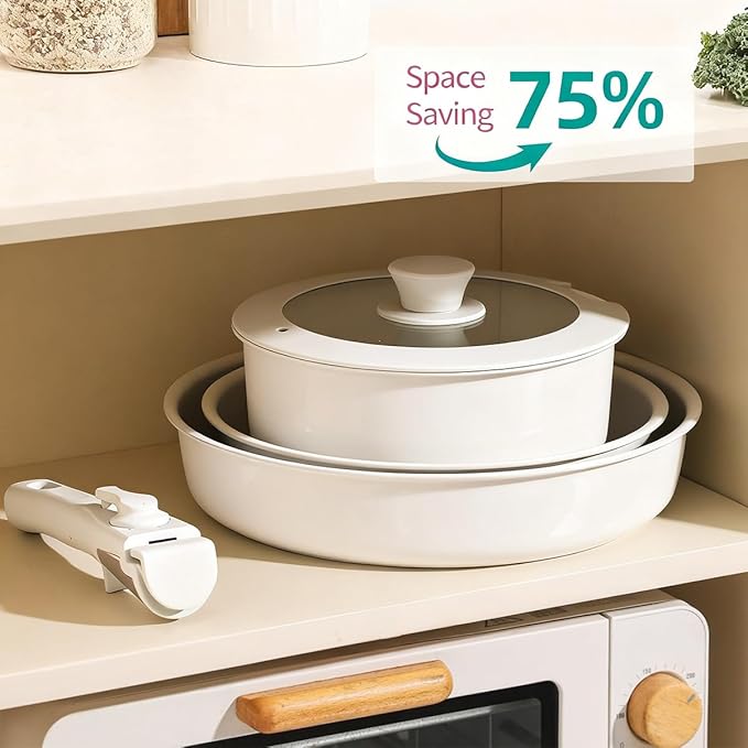 Pots and Pans Sets Non Stick，6PCS Ceramic Cookware Sets Nonstick Detachable Handle，Induction hob Pans(beige)