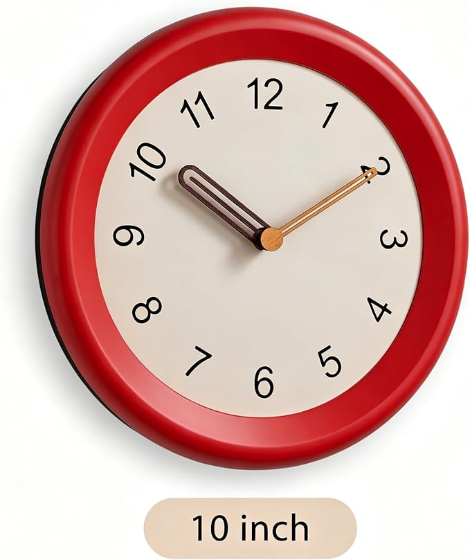 Mosewa 10 Inch Red Wall Clock Silent Non-Ticking Quartz Battery Operated Analog Clock with Wood Hands, Easy to Read Minimalist Round Clock for Kitchen Living Room Bedroom Office