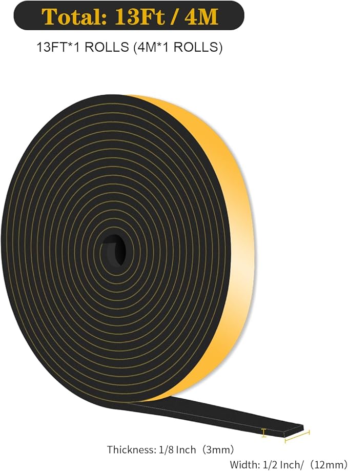 Weather Stripping Door Seal,Weather Stripping,Soundproof,Cold Insulation,High Density CR Foam Insulation Tape for Door, Front Door Frame, Windows,Sliding Door (Black, 1/2 in x 1/8 in x 13Ft)