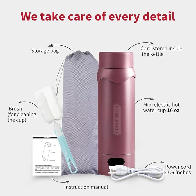 Insulated Stainless Steel Travel Electric Kettle Small, Smart Water Bottle with 4 temperature control, Leak-Proof, Mini Travel Essentials Portable Office Gifts for Tea Lovers, Black Cherry