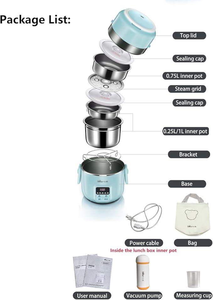 Bear DFH-B20J1 Smart Self Heated Lunch Box, Mini Hot Pot, Leakproof Plug-in Lunch Box with Keep Warm Function, Blue, 2L