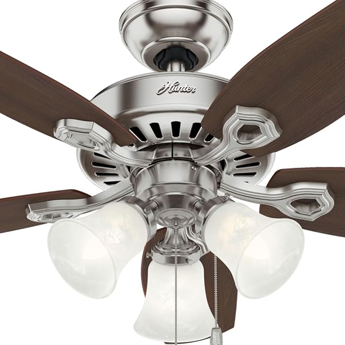 Hunter 42 inch Indoor Ceiling Fan with LED Lights - Ceiling Fan with Pull Chain, For Bedroom or Living Room, Standard Mount, No Remote, 5 Blades, Includes Bulbs - Builder 52106, Brushed Nickel