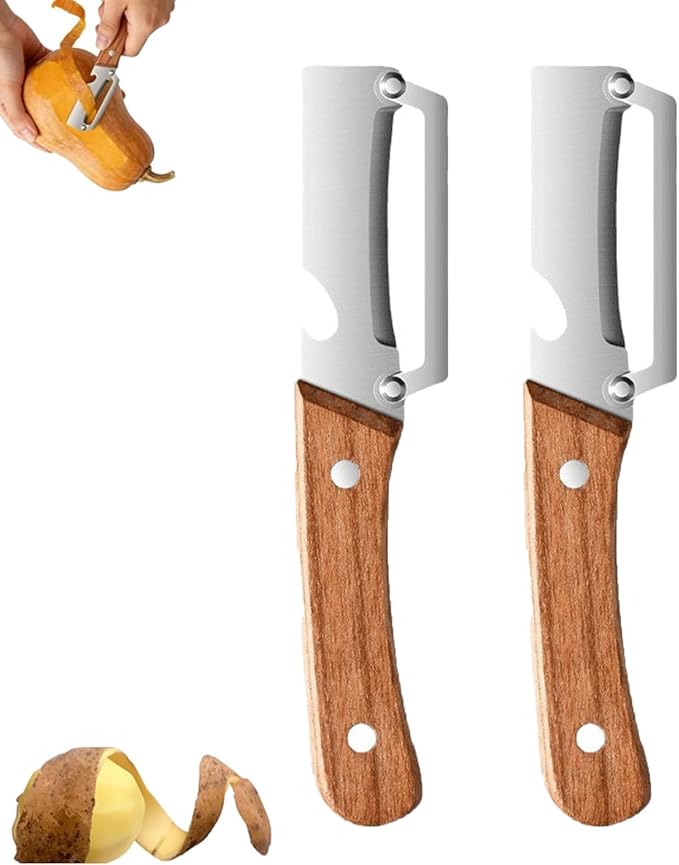 2.5 mm Micro Drag Peeler, Kitchen Multi-Function Heavy-Duty Steel Peeler, Multifunctional Fruit and Vegetable Peeler, 2-in-1 Peeler Tool with Wooden Handle, Smooth Peeling for Potato & Carrot (2PCS)