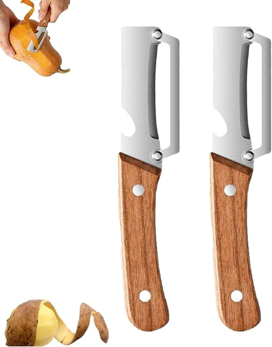 2.5 mm Micro Drag Peeler, Kitchen Multi-Function Heavy-Duty Steel Peeler, Multifunctional Fruit and Vegetable Peeler, 2-in-1 Peeler Tool with Wooden Handle, Smooth Peeling for Potato & Carrot (2PCS)