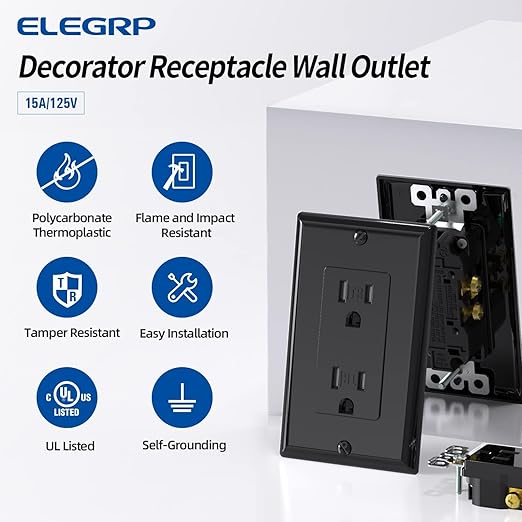 ELEGRP Decorator Wall Receptacle Outlet, Tamper Resistant 15 Amp Standard Electrical Wall Outlet, Residential Grade, Self-grounding, 125V, Wall Plate Included, UL Listed, Glossy Black, 5 Pack