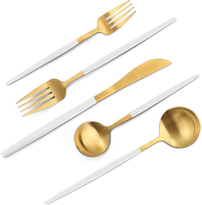 VANVRO Matte White Gold Silverware Set, 40-Piece Stainless Steel Flatware Set, Satin Finish tableware Cutlery Set, Service for 8, Home and Restaurant, Dishwasher Safe