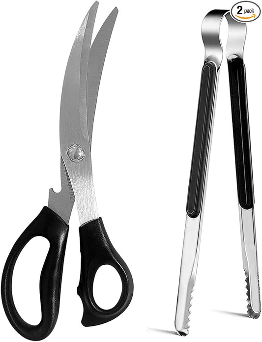 Kitchen Scissors, Korean Barbecue Scissors and Tongs Set,Kitchen Sheras for Meat Cutting, Chicken, Vegetables,Stainless Steel Non-slip Serrated Sharp BBQ Multipurpose Kitchen Sheras Tongs