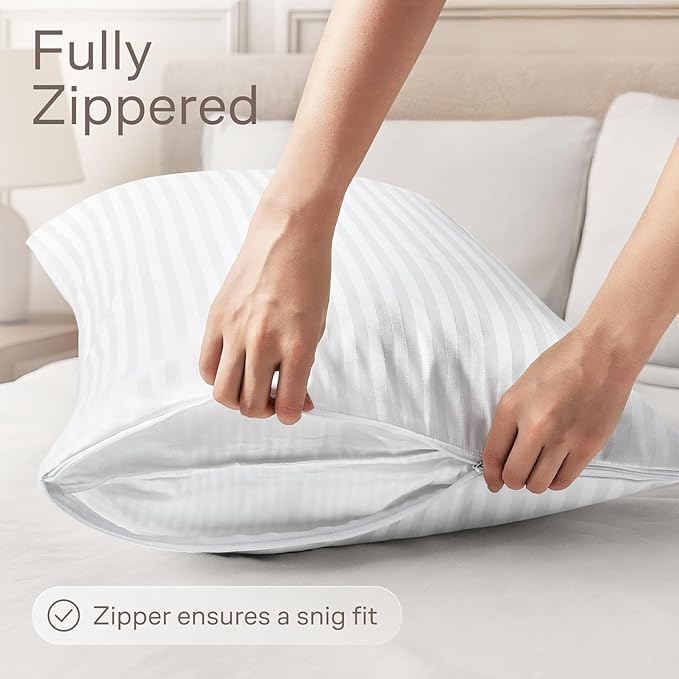 Ultra Soft Pillow Protectors with Zipper Queen Size - Set of 2 Breathable Pillow Covers - 100% Protection Against Stains, Dust & Dirt - Machine Washable (Dark White)