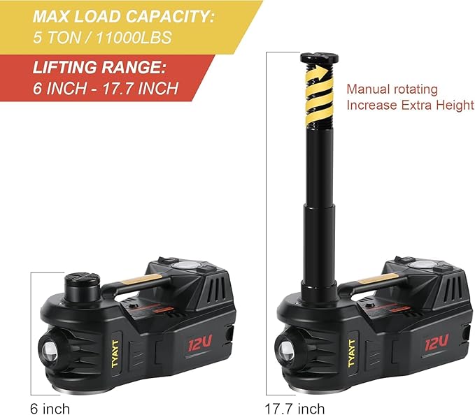 Electric Car Jack Kit 5 Ton 12V Floor Jack with Impact Wrench and Tire Inflator Pump Portable Hydraulic Car Jack for SUV Sedans Tire Change with LED Light, Lifting Height 6 to 17.7 Inch (Black)