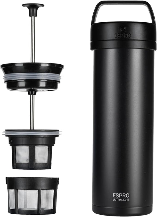ESPRO Go P0 Ultralight French Press Coffee Maker for Travel, Vacuum Insulated Stainless Steel, 16 Ounces, Matte Meteorite Black