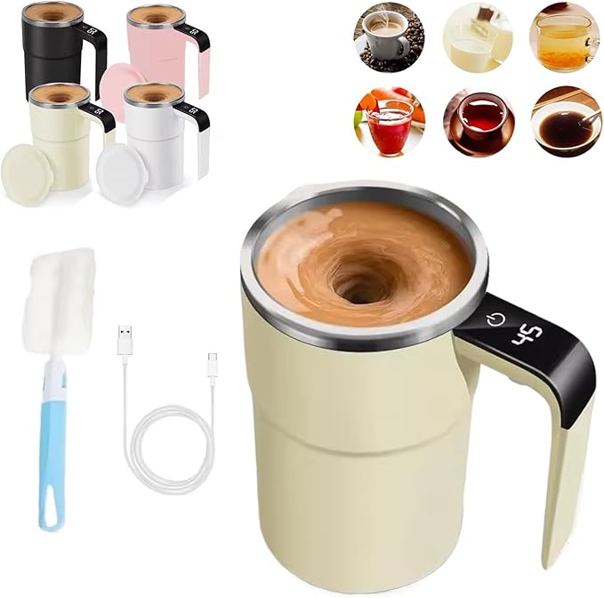 Taza Inteligente Para Cafe, Intelligent Coffee Cup with Lid, Automatic Magnetic Stirring Coffee Mug, Rechargeable Self Mixing Mug with LED Display Temperature for Milk Tea, Office Household(Beige)