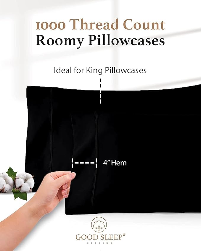 1000 TC Black King Pillowcases Set of 4 100% Egyptian Cotton Pillow Cases with Long Staple Cotton & Sateen Weave, Silky Soft Hotel - Like Bed Pillow Covers for Comfy Sleeping, Snug Fit