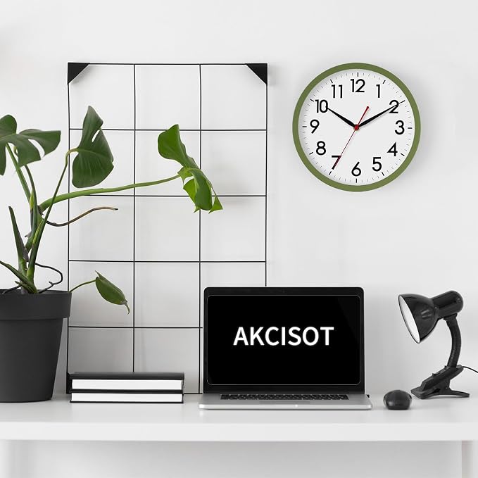 AKCISOT 10 Inch Wall Clock, Battery Operated Analog Clock, Silent Non-Ticking, Ideal for Bedroom, Bathroom, Kitchen, Office and School, Olive Green
