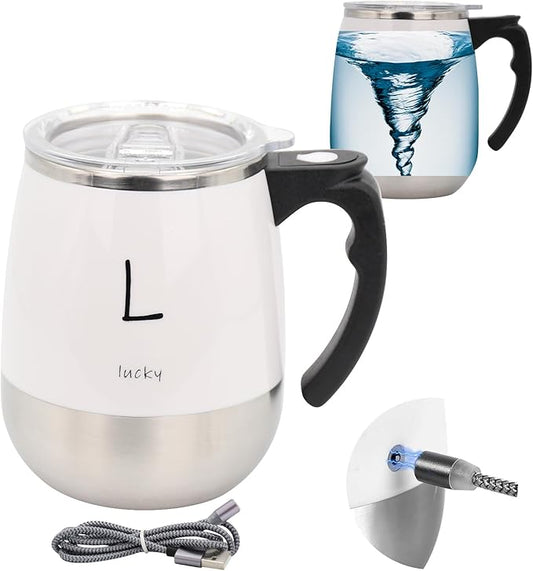 Rechargeable Self Stirring Mug - Magnetic Electric Auto Mixing Stainless Steel Cup for Office/Kitchen/Travel/Home Coffee/Tea/Hot Chocolate/Milk-390 ml/13.2 oz(White)