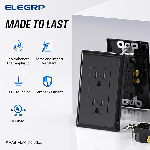 ELEGRP Decorator Wall Receptacle Outlet, Tamper Resistant 15A 125V Standard Electrical Wall Outlet, Residential Grade, Self-grounding, with Screwless Wall Plate, UL (10 Pack, Glossy Black)