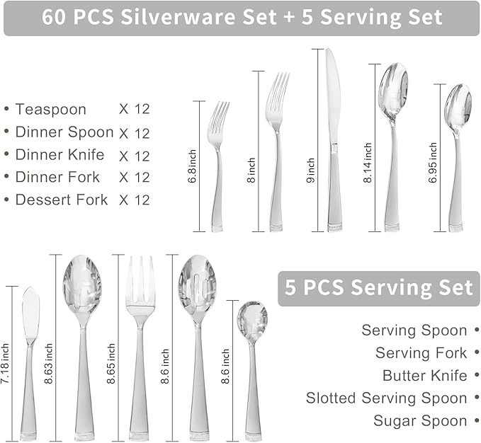 KINGSTONE Silverware Set, 65-Piece Flatware Set for 12, 18/10 Stainless Steel Cutlery Set with Bead Edge, Utensil for Kitchen, Home, Party, Wedding, Matte Silver, Dishwasher Safe, Featured Gifts