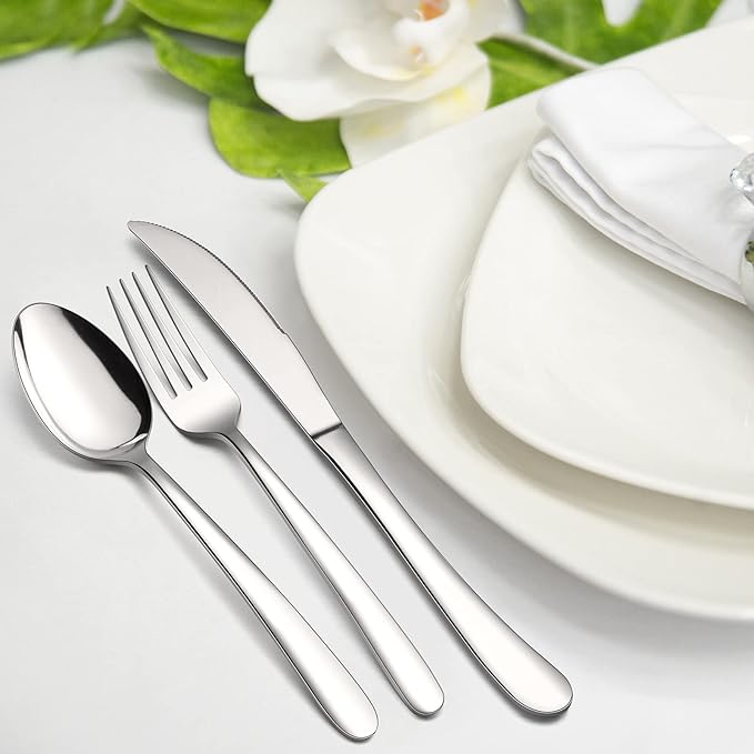 HaWare Heavy Duty Silverware Set, 45 Pieces Stainless Steel Flatware with Serving Utensils, Weight Tableware for 8, Modern Cutlery for Home, Dishwasher Safe, Mirror Polished