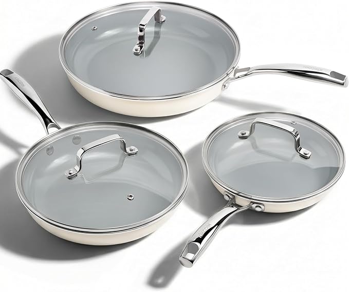 Kikcoin Ceramic Nonstick Frying Pan Set with Lids, 3 Pack 8/9.5/11 Inch Skillets, PFAS-Free Non Toxic Pans for Cooking, Induction, Oven & Dishwasher Safe