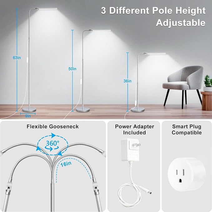 Bright Floor Lamp, 18W/2000LM Silver LED Floor Lamp with Double Head | Adjustable Gooseneck, Dimmable Craft Light for Sewing Tatoo Puzzle，Eye Caring Reading Lamps for Living Room Bedroom Office