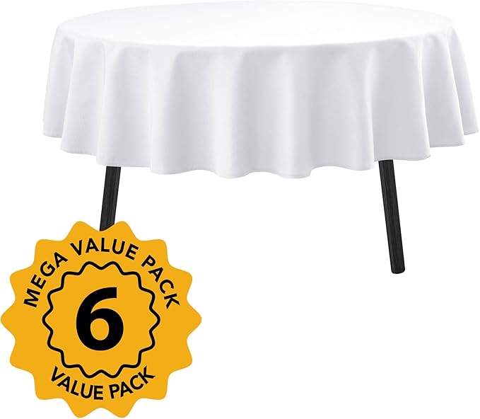 6-Pack White Round Tablecloths, 90 Inches, Stain-Resistant Polyester for 4-5 Ft Round Tables - Washable Table Covers for Weddings, Banquets, Birthday, Parties, Events