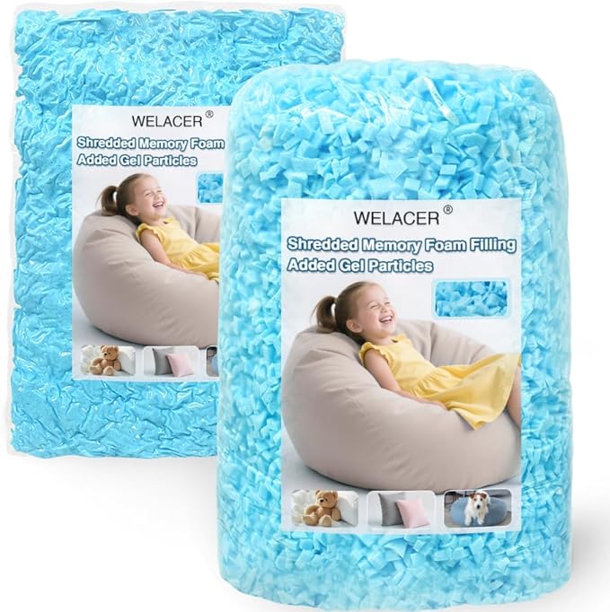 Welacer Shredded Memory Foam Filling 10lbs for Bean Bag Filler, Pillow Stuffing Cushion Arts Crafts Refill, Added Gel Particles, Premium Soft and Great for Stuffing, Shape(Blue)