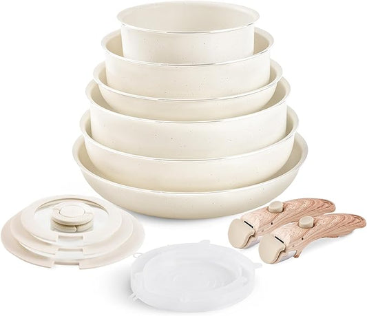 Nonstick Cookware Set - YIIFEEO Stackable Pots and Pans Set Detachable Handle Camping Cookware Granite Kitchen Cookware Sets Removable Handle, Non Toxic Nonstick Frying Pans for Cooking Set Gift Beige