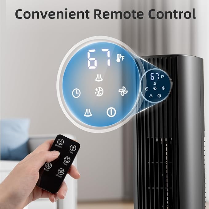 Antarctic Star 36" Tower Fan, Quiet Oscillating Cooling Fan with 12H Timer & Remote Control, 4 Modes & 3 Speeds Bladeless Standing Fan for Bedroom, Home Office & Indoor Living, Space-Saving,Grey