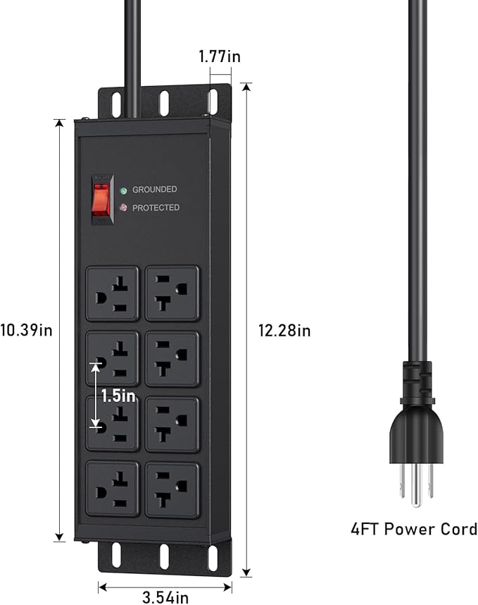 JUNNUJ Heavy Duty Surge Protector Power Strip 4800J, Garage Metal 8 Outlets 20 Amp 12 Gauge, High Amp 5-15P Adapter Shop 6-20R T-Slot Industrial Outlet, 4 FT Extension Cord Commercial for Appliance