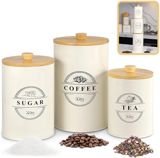 Kito LIVING Canisters Sets for Kitchen Counter Storage and Organization with Wooden Bamboo Lids, Food Pantry Containers, Stackable Steel Storage Bins, Airtight Sugar Tea Coffee Canisters - Cream
