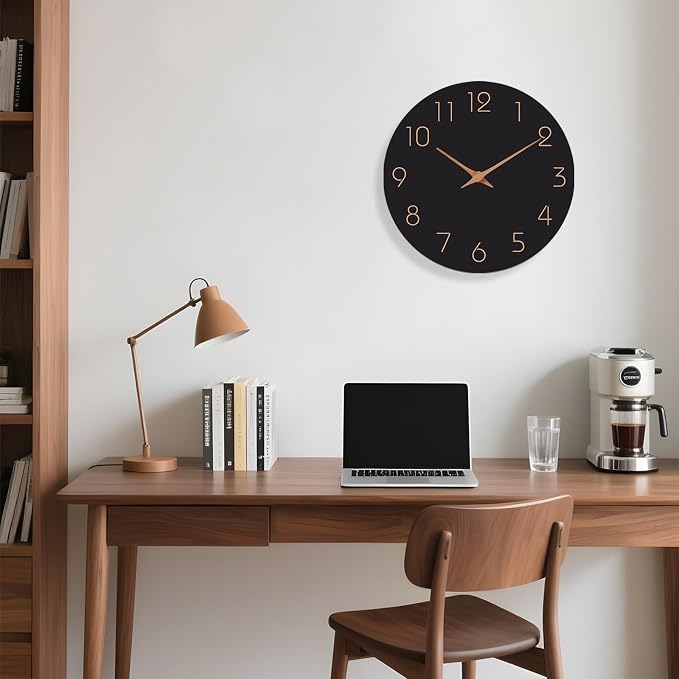 Mosewa Wall Clock 8 Inch Black Battery Operated Silent Non Ticking Simple Minimalist Rose Gold Numbers Decorative for Bedroom Living Room Kitchen Home Bathroom Office