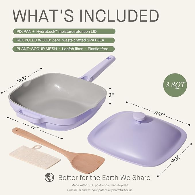 USELUCK 10.5 Inch(3.8QT) Ceramic Pan with Lid,Non Stick Frying Pans Cast Aluminum Deep Sauté Pans,Ti-Ceramic Non Toxic Pix Pan with Wooden Spatula and Scrubber-Dusk Petal