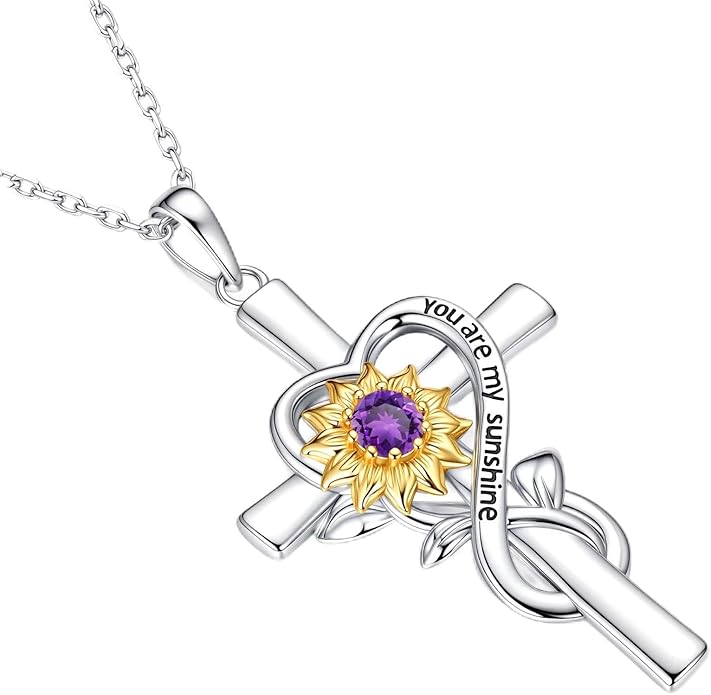 Iefil Mothers Day Gifts for Wife Mom - Sunflower Cross Necklace, 925 Sterling Silver Birthstone Necklace for Women Wife Mom
